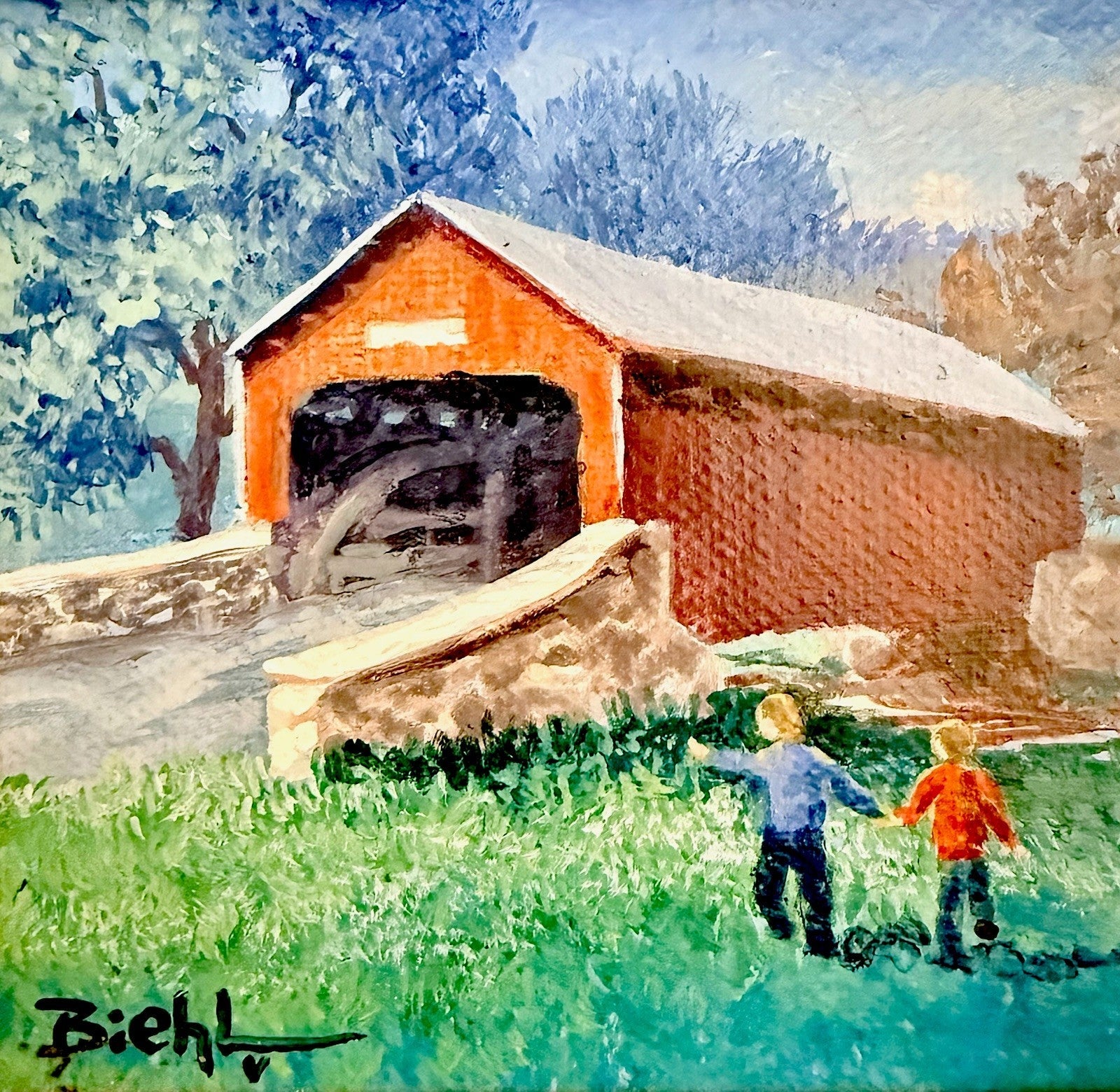 Joan Biehl Oil On Canvas Board PA Lehigh County Covered Bridge Signed Painting - AntiquesEtceteraJoan Biehl Oil On Canvas Board PA Lehigh County Covered Bridge Signed PaintingAntiquesEtceteraAntiquesEtcetera