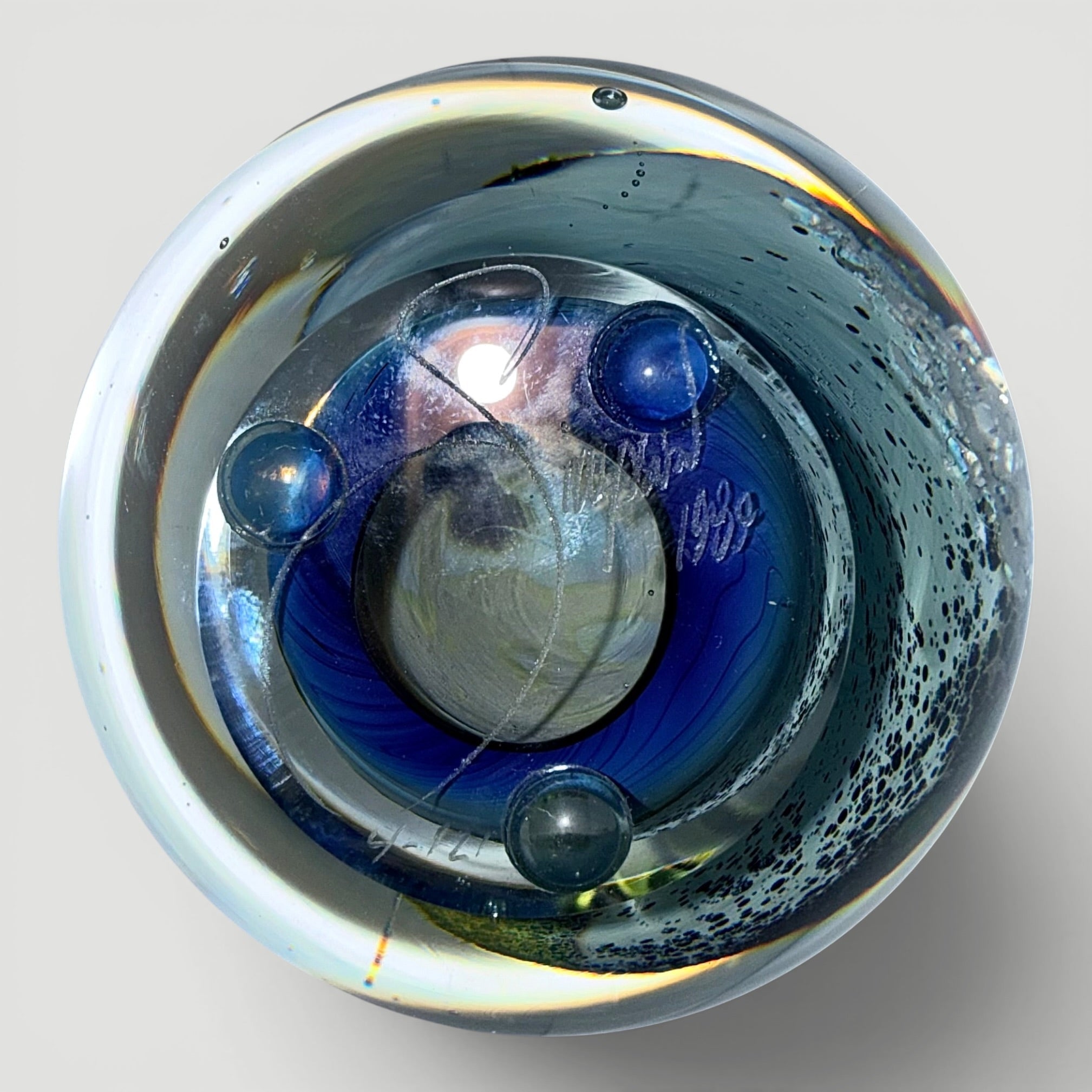 Josh Simpson Inhabited Planet Studio Art Glass Paperweight 1989 Signed 4/121AntiquesEtcetera