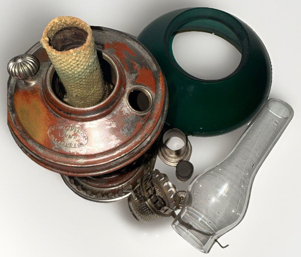 Kerosene Lamp Manhattan Brass Co RARE Young America Center Draft w/ Green Shade - AntiquesEtceteraKerosene Lamp Manhattan Brass Co RARE Young America Center Draft w/ Green ShadeManhattan Brass Co.AntiquesEtcetera
