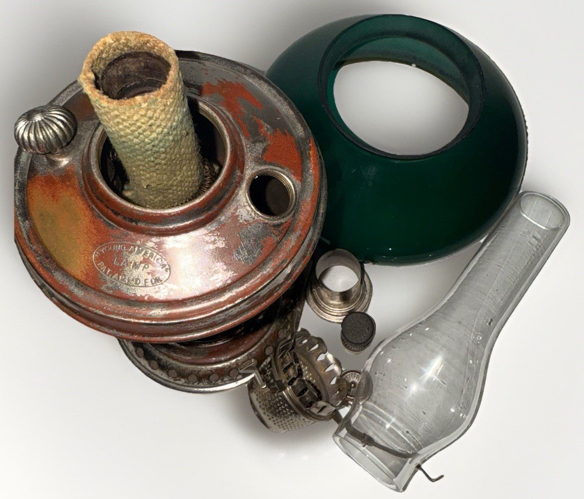 Kerosene Lamp Manhattan Brass Co RARE Young America Center Draft w/ Green Shade - AntiquesEtceteraKerosene Lamp Manhattan Brass Co RARE Young America Center Draft w/ Green ShadeManhattan Brass Co.AntiquesEtcetera