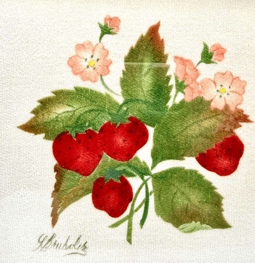 Linda Brubaker Theorem Painting Strawberries w/ Tiny Pink Flowers Framed, Signed - AntiquesEtceteraLinda Brubaker Theorem Painting Strawberries w/ Tiny Pink Flowers Framed, SignedAntiquesEtceteraAntiquesEtcetera