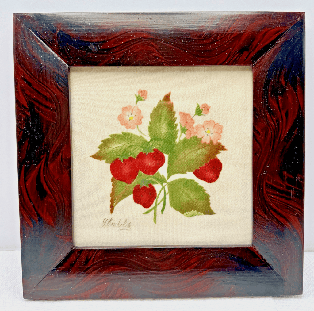 Linda Brubaker Theorem Painting Strawberries w/ Tiny Pink Flowers Framed, Signed - AntiquesEtceteraLinda Brubaker Theorem Painting Strawberries w/ Tiny Pink Flowers Framed, SignedAntiquesEtceteraAntiquesEtcetera