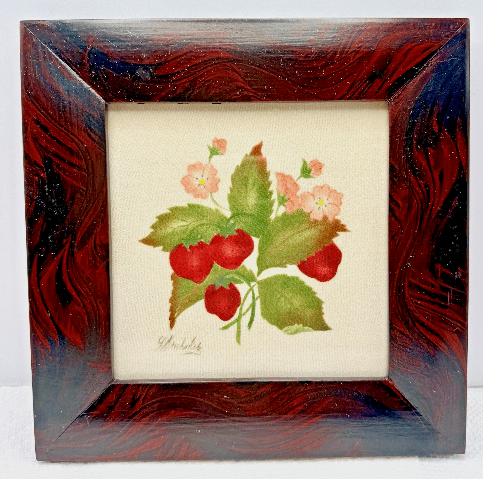Linda Brubaker Theorem Painting Strawberries w/ Tiny Pink Flowers Framed, Signed - AntiquesEtceteraLinda Brubaker Theorem Painting Strawberries w/ Tiny Pink Flowers Framed, SignedAntiquesEtceteraAntiquesEtcetera