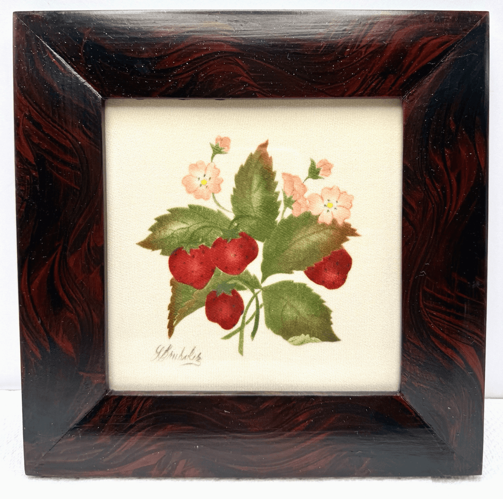 Linda Brubaker Theorem Painting Strawberries w/ Tiny Pink Flowers Framed, Signed - AntiquesEtceteraLinda Brubaker Theorem Painting Strawberries w/ Tiny Pink Flowers Framed, SignedAntiquesEtceteraAntiquesEtcetera