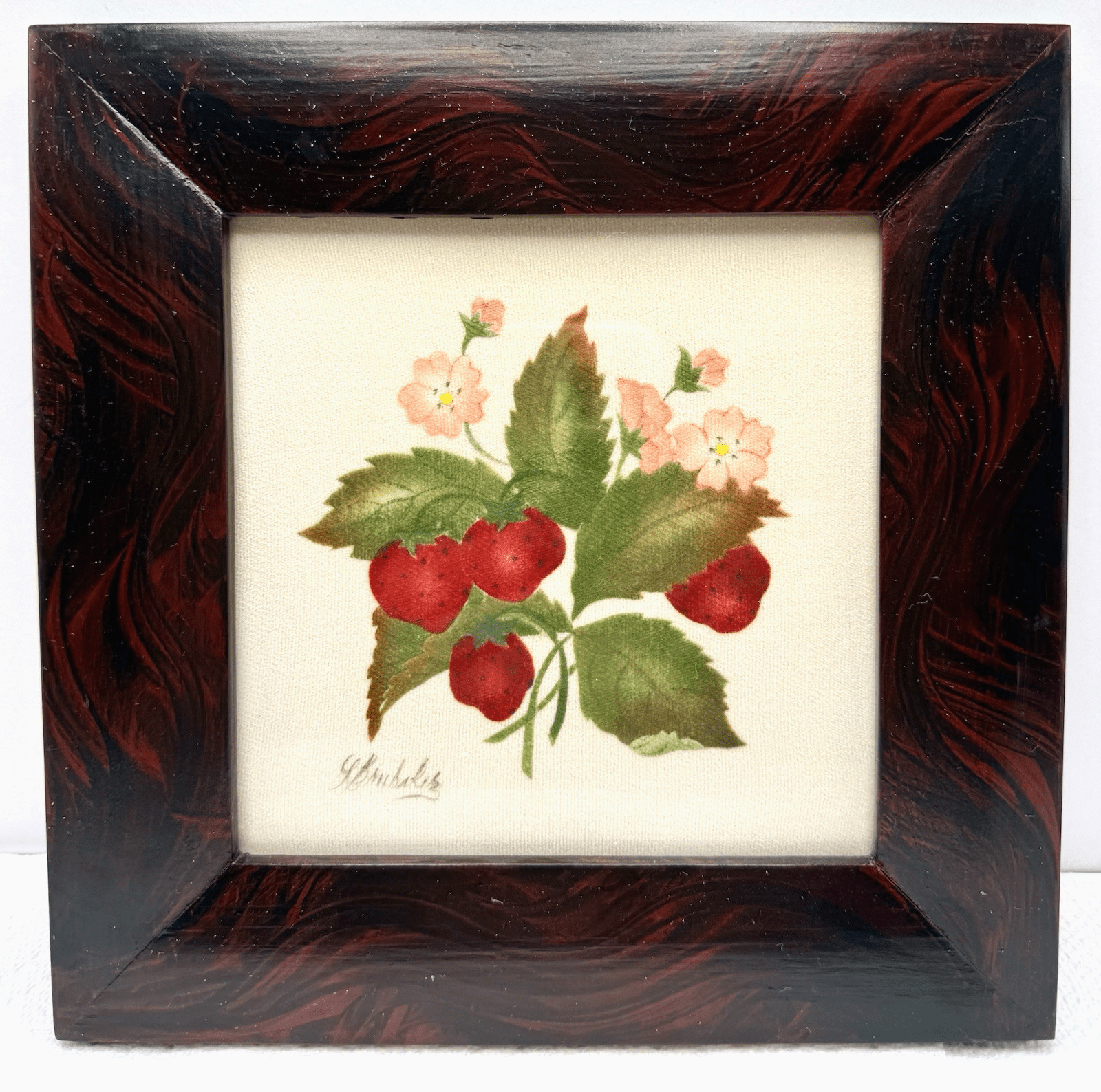 Linda Brubaker Theorem Painting Strawberries w/ Tiny Pink Flowers Framed, Signed - AntiquesEtceteraLinda Brubaker Theorem Painting Strawberries w/ Tiny Pink Flowers Framed, SignedAntiquesEtceteraAntiquesEtcetera