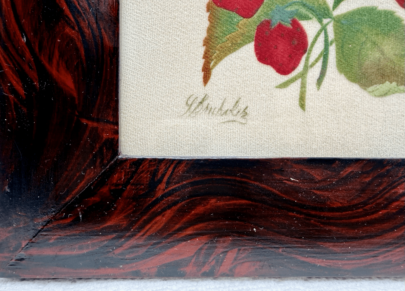 Linda Brubaker Theorem Painting Strawberries w/ Tiny Pink Flowers Framed, Signed - AntiquesEtceteraLinda Brubaker Theorem Painting Strawberries w/ Tiny Pink Flowers Framed, SignedAntiquesEtceteraAntiquesEtcetera