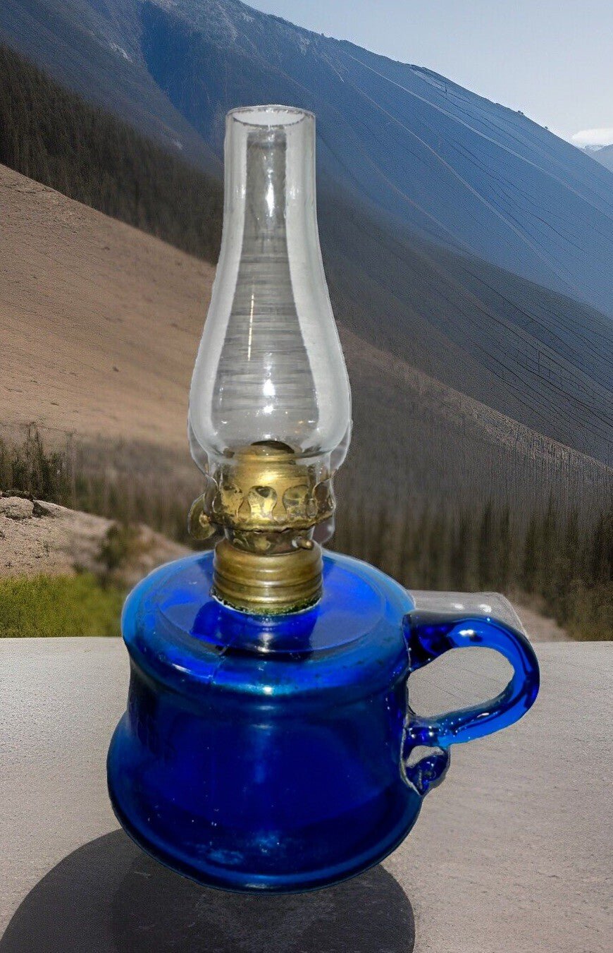 Little Buttercup Miniature Oil Kerosene Lamp Lovely Blue Glass + Burner, Chimney - AntiquesEtceteraLittle Buttercup Miniature Oil Kerosene Lamp Lovely Blue Glass + Burner, ChimneyAntiqueAntiquesEtcetera