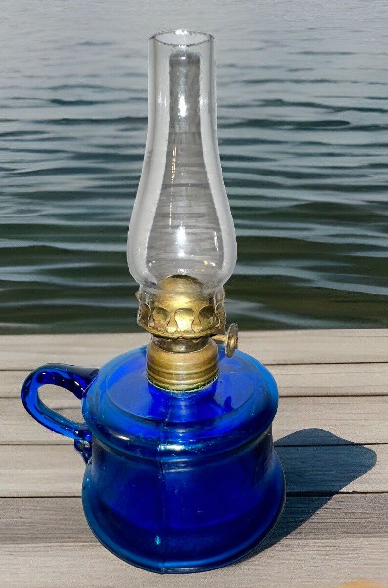 Little Buttercup Miniature Oil Kerosene Lamp Lovely Blue Glass + Burner, Chimney - AntiquesEtceteraLittle Buttercup Miniature Oil Kerosene Lamp Lovely Blue Glass + Burner, ChimneyAntiqueAntiquesEtcetera