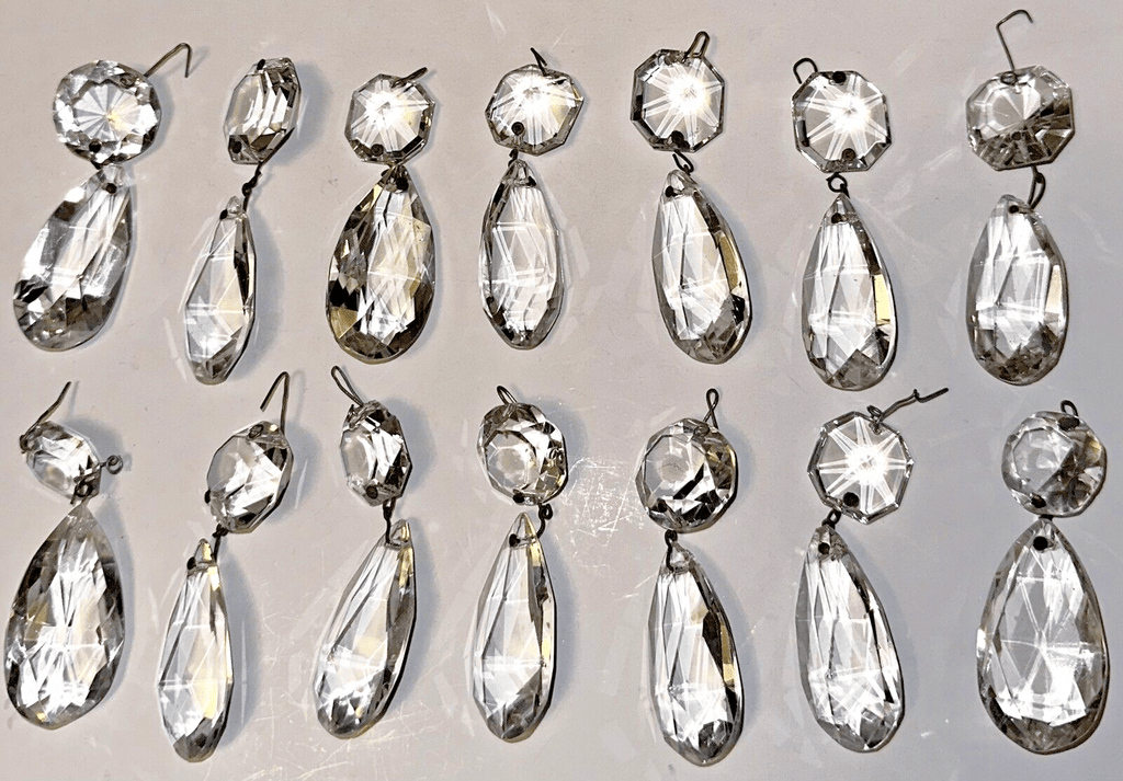 Lot of 14 Brilliant Cut Highly Faceted Almond Crystal Prisms w/ Lg Beads 3 1/4" - AntiquesEtceteraLot of 14 Brilliant Cut Highly Faceted Almond Crystal Prisms w/ Lg Beads 3 1/4"AntiqueAntiquesEtcetera