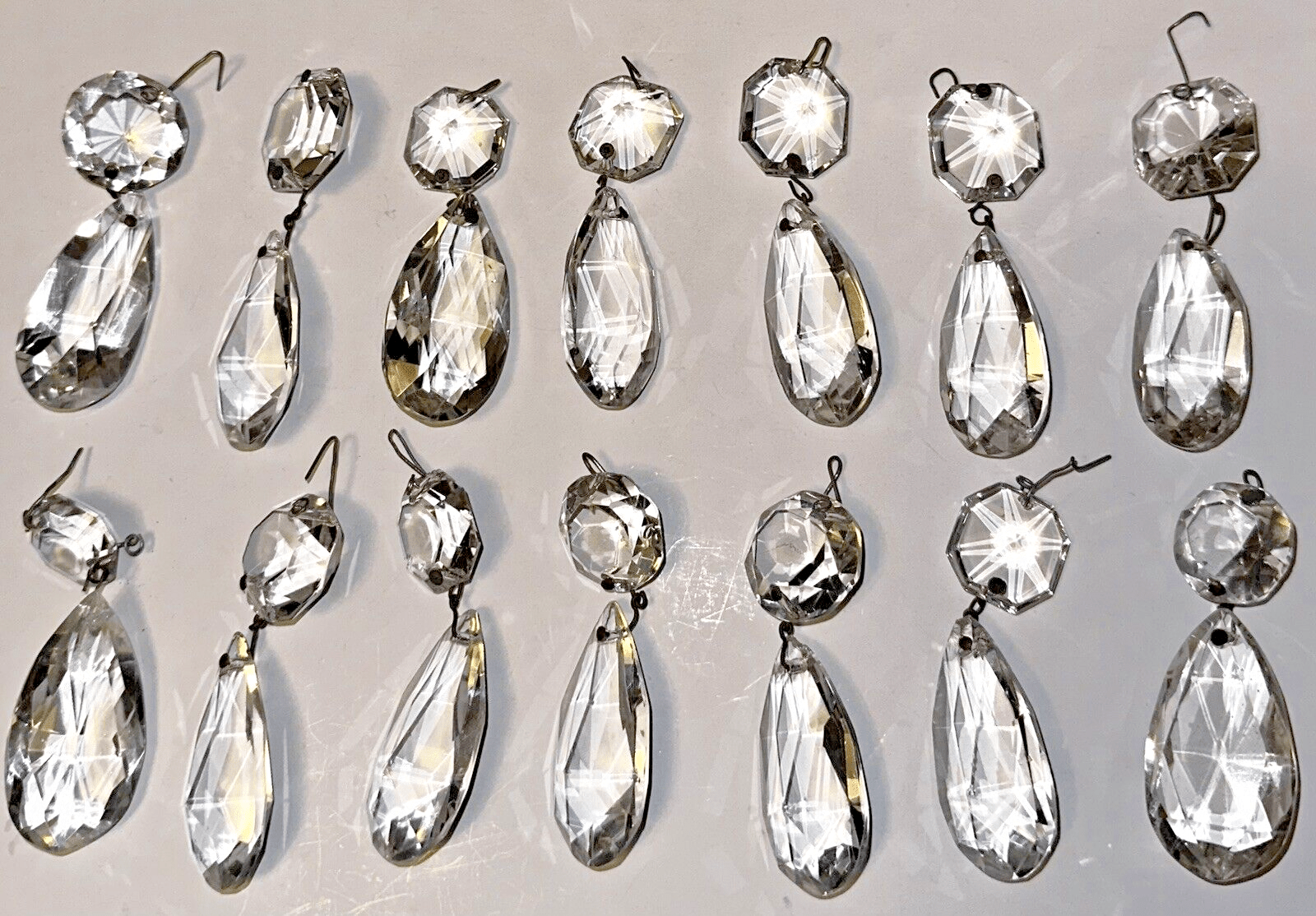Lot of 14 Brilliant Cut Highly Faceted Almond Crystal Prisms w/ Lg Beads 3 1/4" - AntiquesEtceteraLot of 14 Brilliant Cut Highly Faceted Almond Crystal Prisms w/ Lg Beads 3 1/4"AntiqueAntiquesEtcetera
