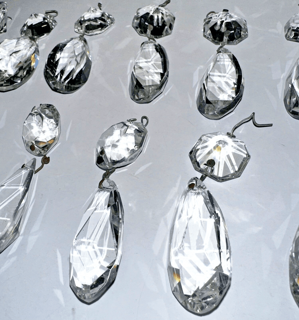 Lot of 14 Brilliant Cut Highly Faceted Almond Crystal Prisms w/ Lg Beads 3 1/4" - AntiquesEtceteraLot of 14 Brilliant Cut Highly Faceted Almond Crystal Prisms w/ Lg Beads 3 1/4"AntiqueAntiquesEtcetera