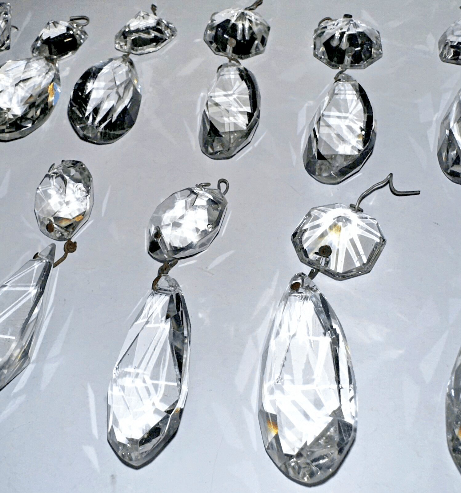 Lot of 14 Brilliant Cut Highly Faceted Almond Crystal Prisms w/ Lg Beads 3 1/4" - AntiquesEtceteraLot of 14 Brilliant Cut Highly Faceted Almond Crystal Prisms w/ Lg Beads 3 1/4"AntiqueAntiquesEtcetera
