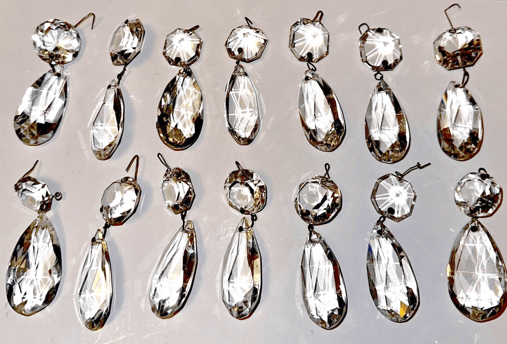 Lot of 14 Brilliant Cut Highly Faceted Almond Crystal Prisms w/ Lg Beads 3 1/4" - AntiquesEtceteraLot of 14 Brilliant Cut Highly Faceted Almond Crystal Prisms w/ Lg Beads 3 1/4"AntiqueAntiquesEtcetera