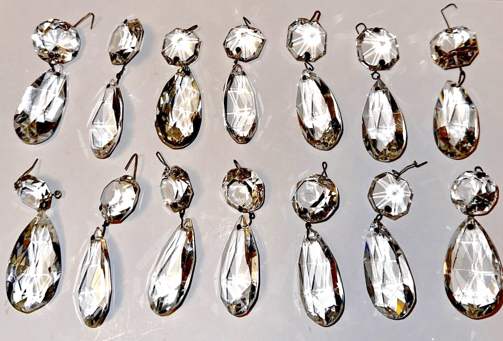 Lot of 14 Brilliant Cut Highly Faceted Almond Crystal Prisms w/ Lg Beads 3 1/4" - AntiquesEtceteraLot of 14 Brilliant Cut Highly Faceted Almond Crystal Prisms w/ Lg Beads 3 1/4"AntiqueAntiquesEtcetera