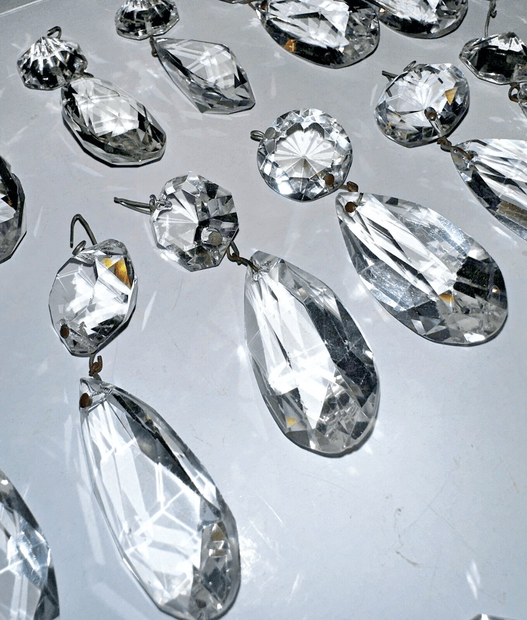 Lot of 14 Brilliant Cut Highly Faceted Almond Crystal Prisms w/ Lg Beads 3 1/4" - AntiquesEtceteraLot of 14 Brilliant Cut Highly Faceted Almond Crystal Prisms w/ Lg Beads 3 1/4"AntiqueAntiquesEtcetera