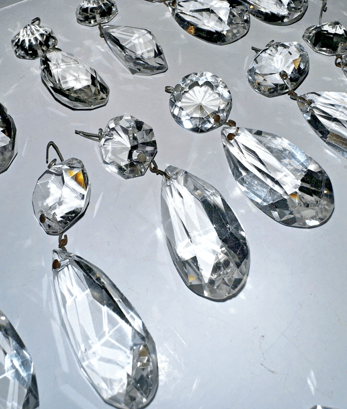 Lot of 14 Brilliant Cut Highly Faceted Almond Crystal Prisms w/ Lg Beads 3 1/4" - AntiquesEtceteraLot of 14 Brilliant Cut Highly Faceted Almond Crystal Prisms w/ Lg Beads 3 1/4"AntiqueAntiquesEtcetera