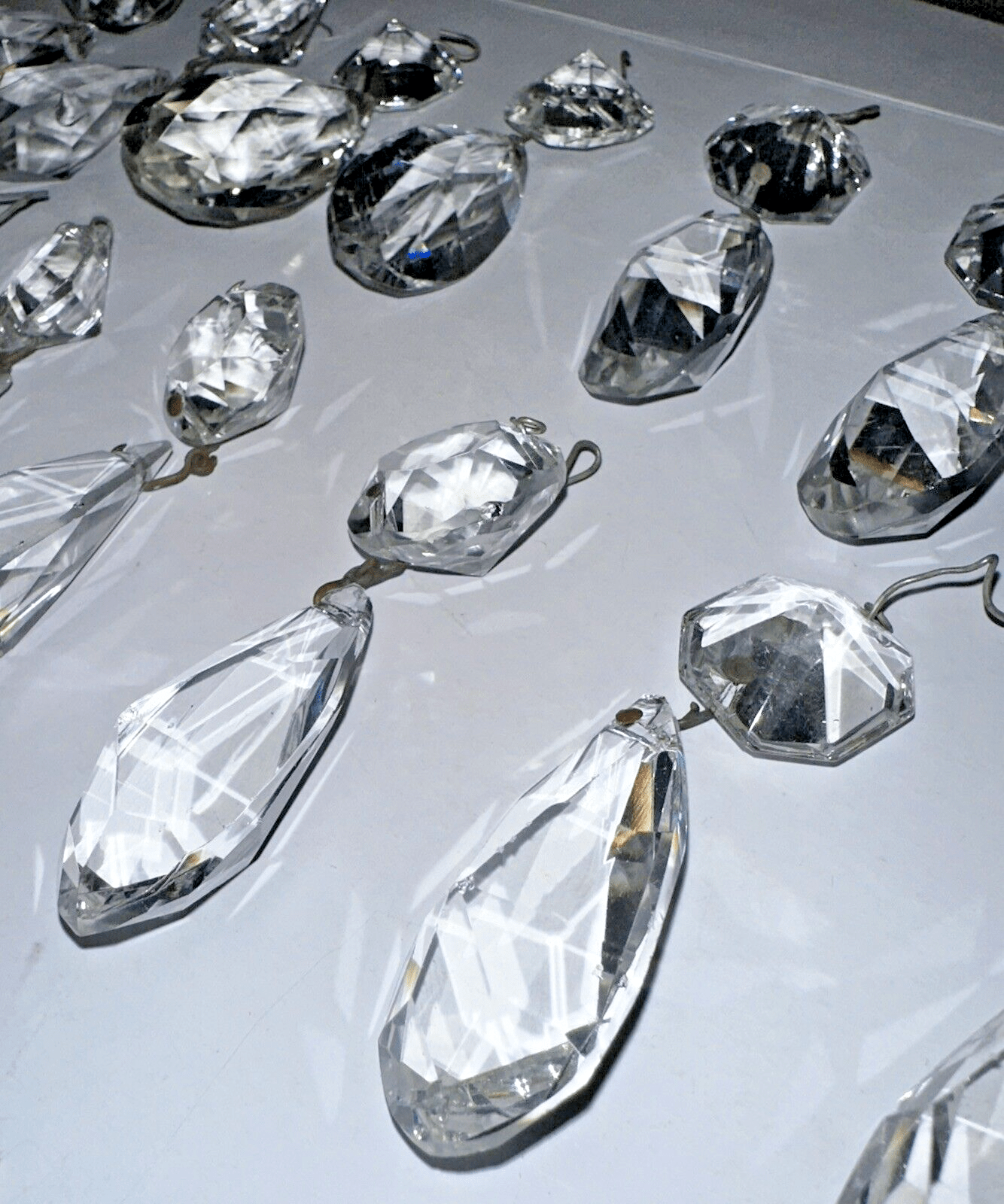 Lot of 14 Brilliant Cut Highly Faceted Almond Crystal Prisms w/ Lg Beads 3 1/4" - AntiquesEtceteraLot of 14 Brilliant Cut Highly Faceted Almond Crystal Prisms w/ Lg Beads 3 1/4"AntiqueAntiquesEtcetera