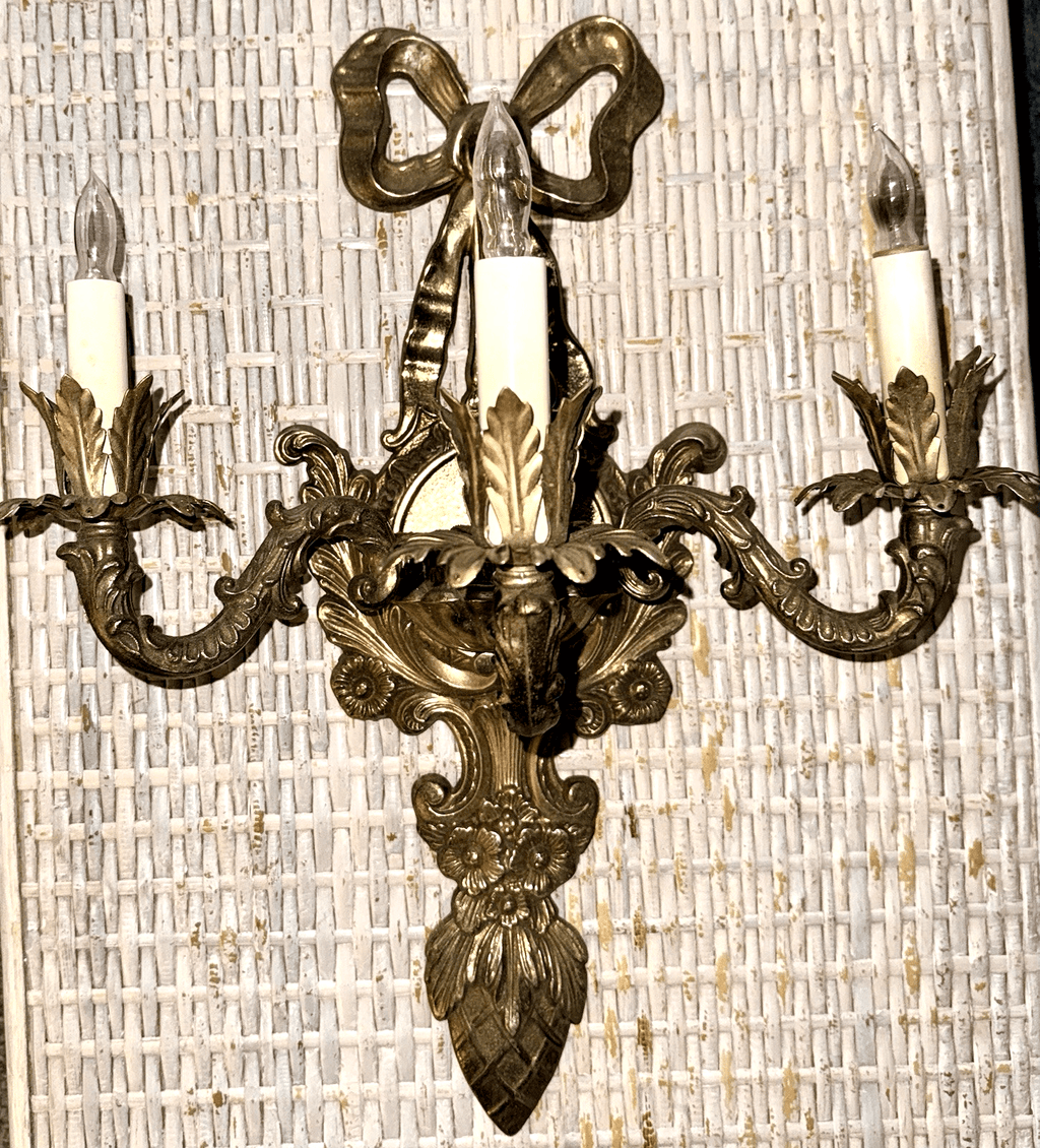 Louis XV French Provincial 3 - Arm Wall Sconce Cast Brass with Bow & Pineapple 21" - AntiquesEtceteraLouis XV French Provincial 3 - Arm Wall Sconce Cast Brass with Bow & Pineapple 21"AntiquesEtceteraAntiquesEtcetera