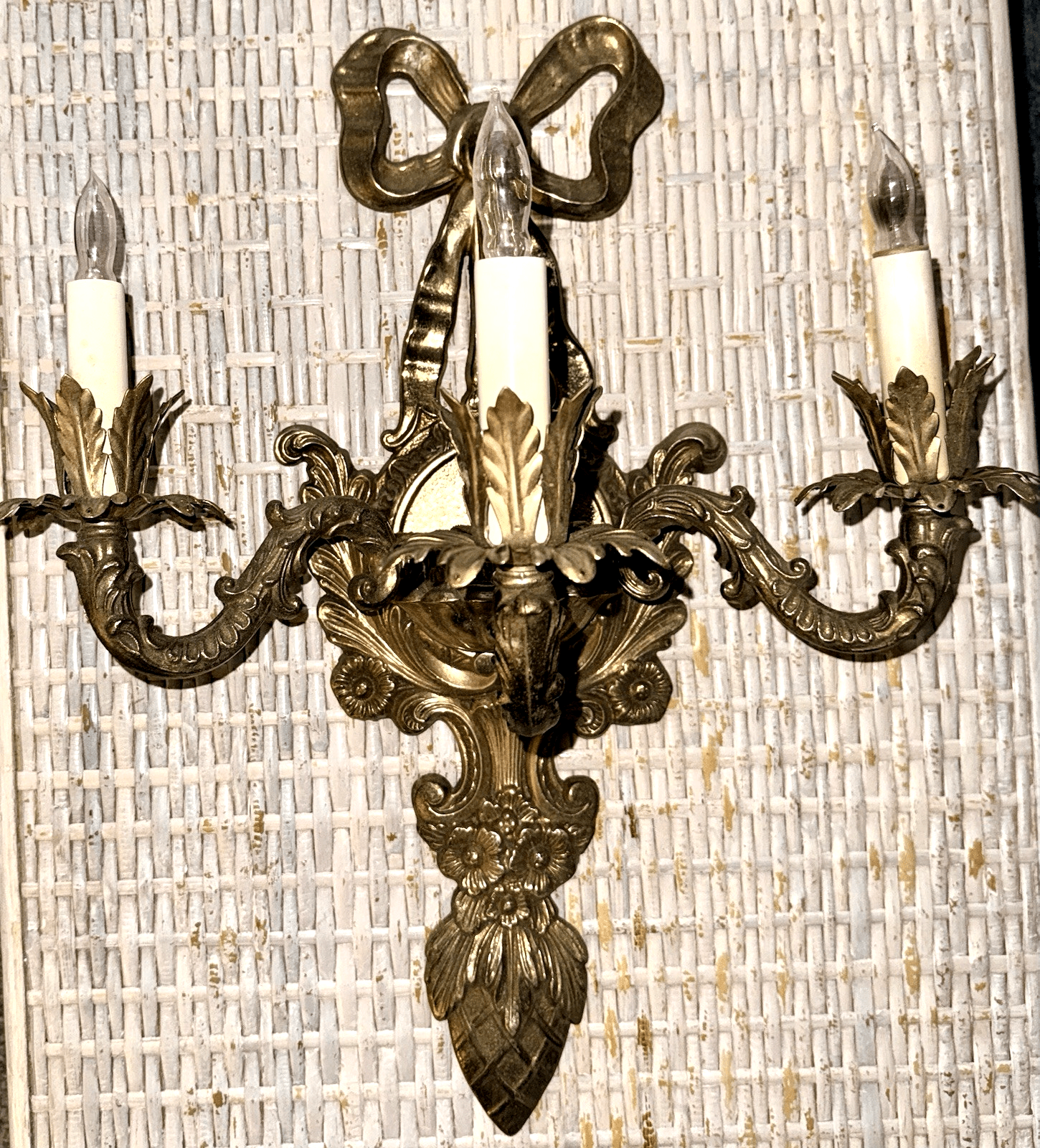 Louis XV French Provincial 3 - Arm Wall Sconce Cast Brass with Bow & Pineapple 21" - AntiquesEtceteraLouis XV French Provincial 3 - Arm Wall Sconce Cast Brass with Bow & Pineapple 21"AntiquesEtceteraAntiquesEtcetera