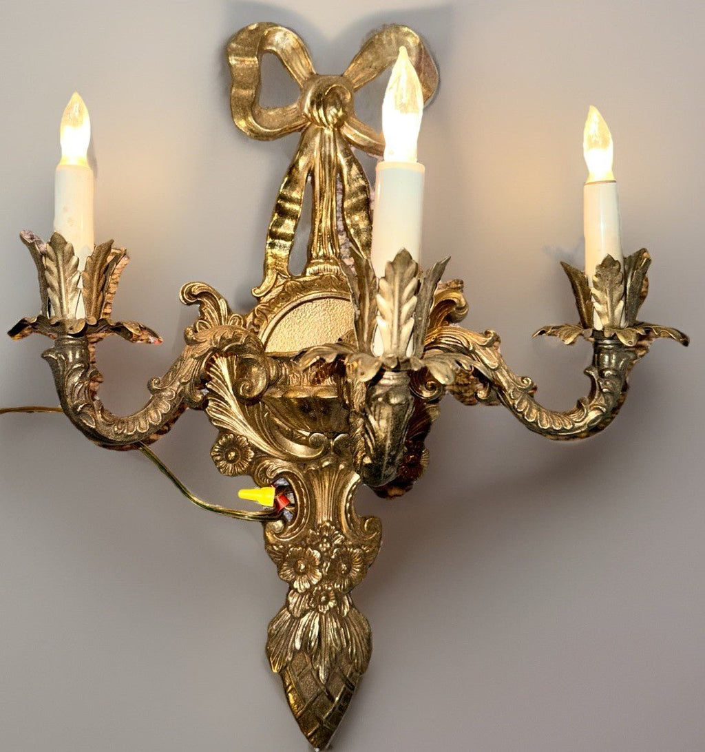 Louis XV French Provincial 3 - Arm Wall Sconce Cast Brass with Bow & Pineapple 21" - AntiquesEtceteraLouis XV French Provincial 3 - Arm Wall Sconce Cast Brass with Bow & Pineapple 21"AntiquesEtceteraAntiquesEtcetera