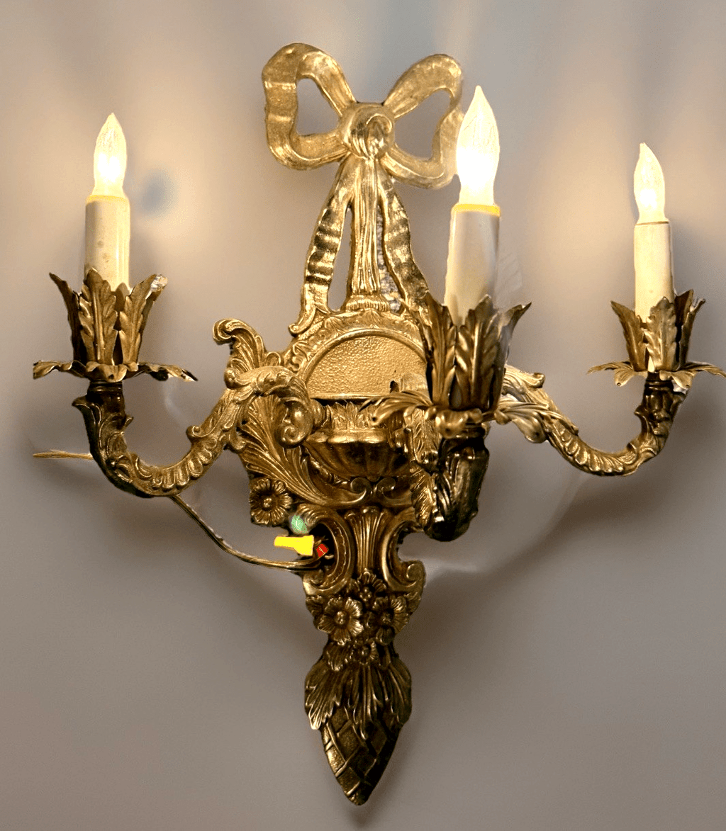 Louis XV French Provincial 3 - Arm Wall Sconce Cast Brass with Bow & Pineapple 21" - AntiquesEtceteraLouis XV French Provincial 3 - Arm Wall Sconce Cast Brass with Bow & Pineapple 21"AntiquesEtceteraAntiquesEtcetera