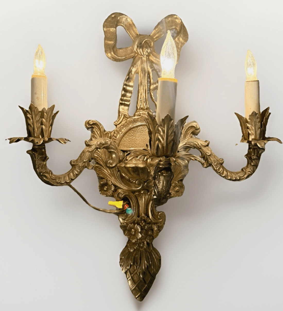 Louis XV French Provincial 3 - Arm Wall Sconce Cast Brass with Bow & Pineapple 21" - AntiquesEtceteraLouis XV French Provincial 3 - Arm Wall Sconce Cast Brass with Bow & Pineapple 21"AntiquesEtceteraAntiquesEtcetera
