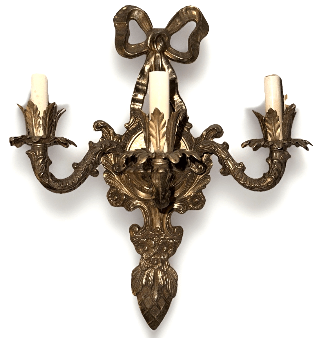 Louis XV French Provincial 3 - Arm Wall Sconce Cast Brass with Bow & Pineapple 21" - AntiquesEtceteraLouis XV French Provincial 3 - Arm Wall Sconce Cast Brass with Bow & Pineapple 21"AntiquesEtceteraAntiquesEtcetera