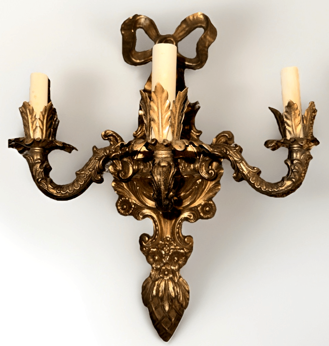 Louis XV French Provincial 3 - Arm Wall Sconce Cast Brass with Bow & Pineapple 21" - AntiquesEtceteraLouis XV French Provincial 3 - Arm Wall Sconce Cast Brass with Bow & Pineapple 21"AntiquesEtceteraAntiquesEtcetera