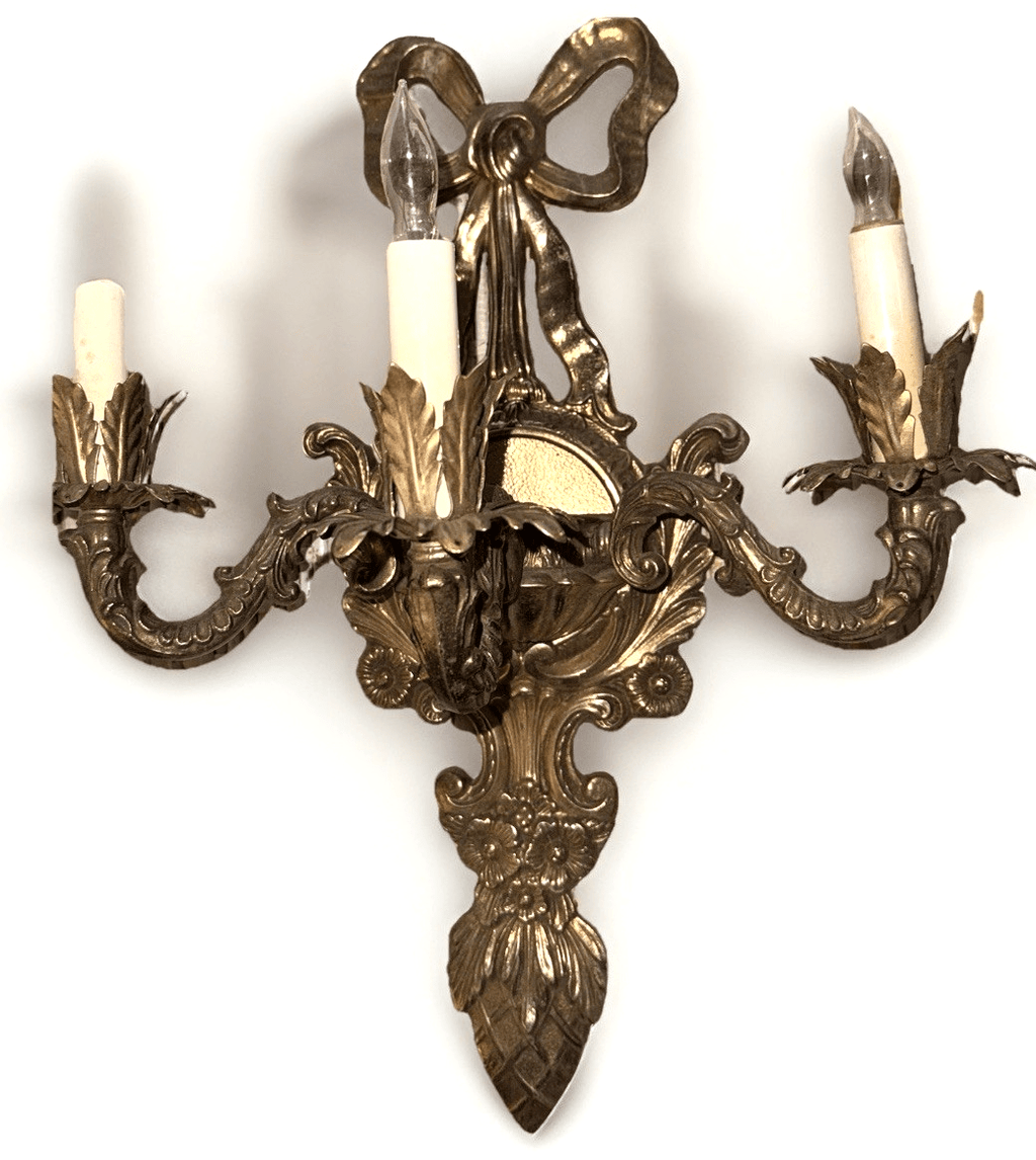 Louis XV French Provincial 3 - Arm Wall Sconce Cast Brass with Bow & Pineapple 21" - AntiquesEtceteraLouis XV French Provincial 3 - Arm Wall Sconce Cast Brass with Bow & Pineapple 21"AntiquesEtceteraAntiquesEtcetera