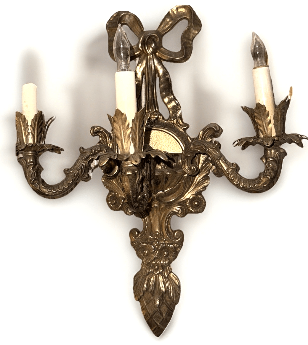 Louis XV French Provincial 3 - Arm Wall Sconce Cast Brass with Bow & Pineapple 21" - AntiquesEtceteraLouis XV French Provincial 3 - Arm Wall Sconce Cast Brass with Bow & Pineapple 21"AntiquesEtceteraAntiquesEtcetera