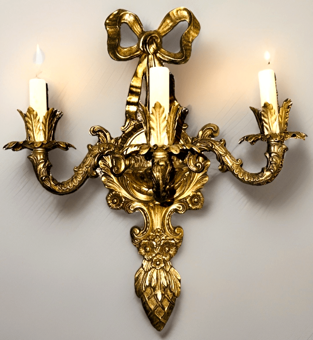 Louis XV French Provincial 3 - Arm Wall Sconce Cast Brass with Bow & Pineapple 21" - AntiquesEtceteraLouis XV French Provincial 3 - Arm Wall Sconce Cast Brass with Bow & Pineapple 21"AntiquesEtceteraAntiquesEtcetera