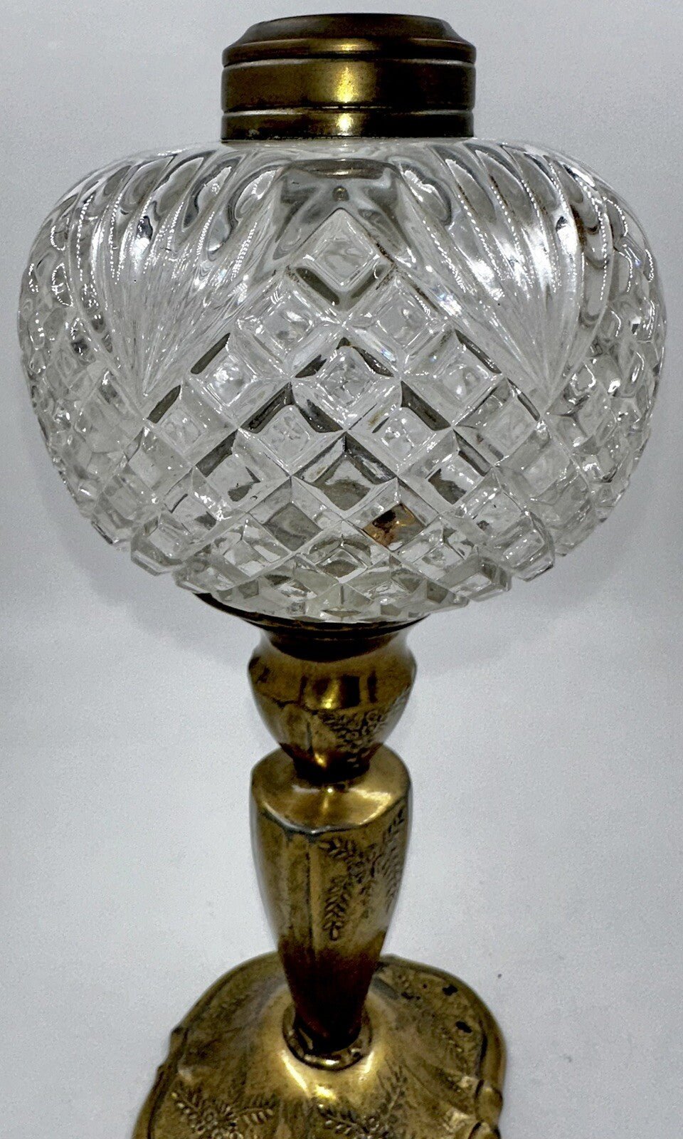 Lovely Antique Kerosene Oil Peg Lamp Diamond & Fan Font with Brass Candlestick - AntiquesEtceteraLovely Antique Kerosene Oil Peg Lamp Diamond & Fan Font with Brass CandlestickAntiqueAntiquesEtcetera