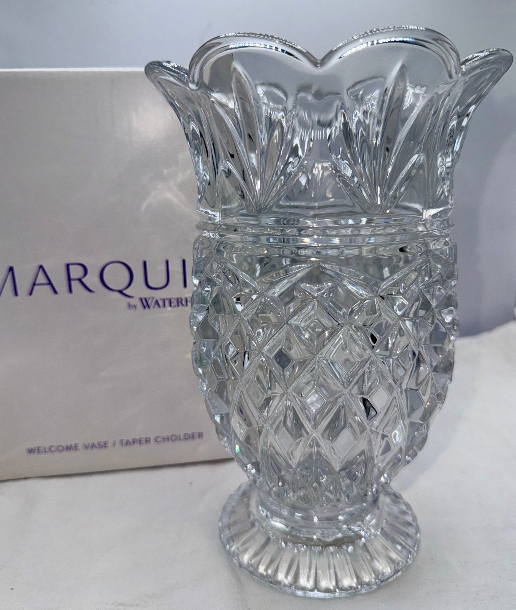 Marquis by Waterford Welcome Vase Taper / Taper Candle Holder 8" New in Original Box - AntiquesEtceteraMarquis by Waterford Welcome Vase Taper / Taper Candle Holder 8" New in Original BoxElegant GlassAntiquesEtceteraAntiquesEtcetera