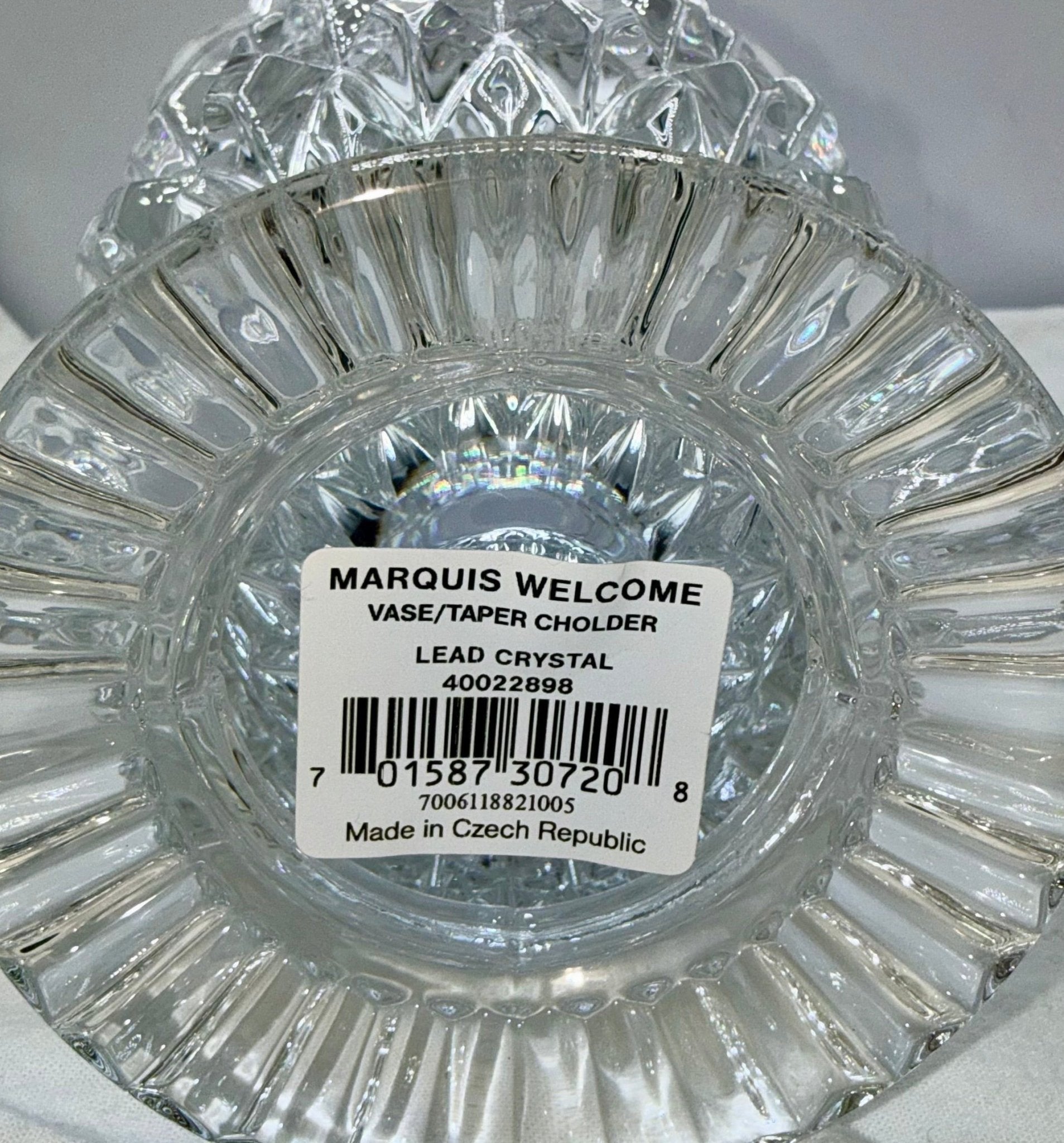 Marquis by Waterford Welcome Vase Taper / Taper Candle Holder 8" New in Original Box - AntiquesEtceteraMarquis by Waterford Welcome Vase Taper / Taper Candle Holder 8" New in Original BoxElegant GlassAntiquesEtceteraAntiquesEtcetera