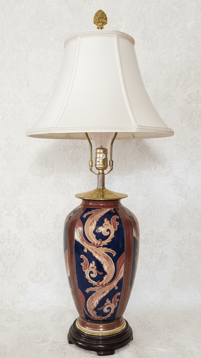Mid Century Porcelain Table Lamp Paisley Swirls Gold Trim Rosewood Base WorkingAntiquesEtcetera