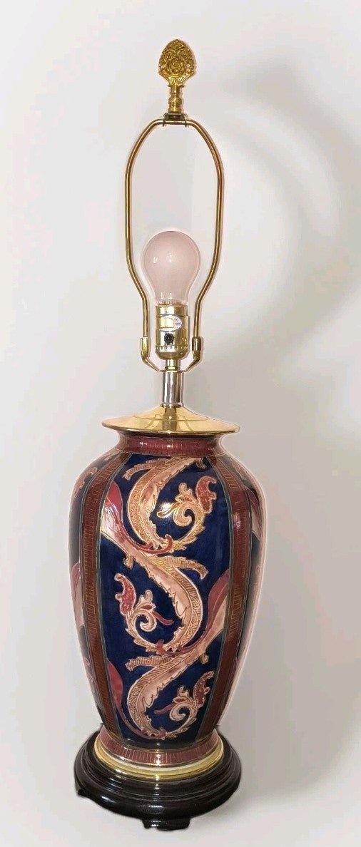 Mid Century Porcelain Table Lamp Paisley Swirls Gold Trim Rosewood Base Working - AntiquesEtceteraMid Century Porcelain Table Lamp Paisley Swirls Gold Trim Rosewood Base WorkingUnbrandedAntiquesEtcetera