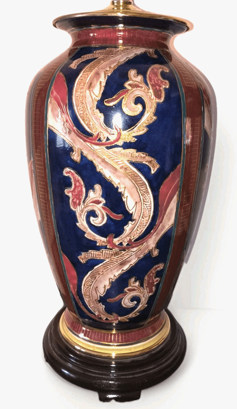 Mid Century Porcelain Table Lamp Paisley Swirls Gold Trim Rosewood Base Working - AntiquesEtceteraMid Century Porcelain Table Lamp Paisley Swirls Gold Trim Rosewood Base WorkingUnbrandedAntiquesEtcetera