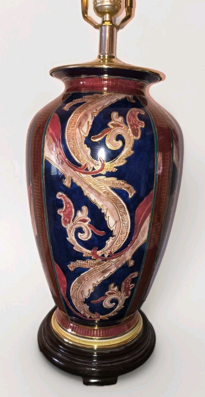Mid Century Porcelain Table Lamp Paisley Swirls Gold Trim Rosewood Base Working - AntiquesEtceteraMid Century Porcelain Table Lamp Paisley Swirls Gold Trim Rosewood Base WorkingUnbrandedAntiquesEtcetera