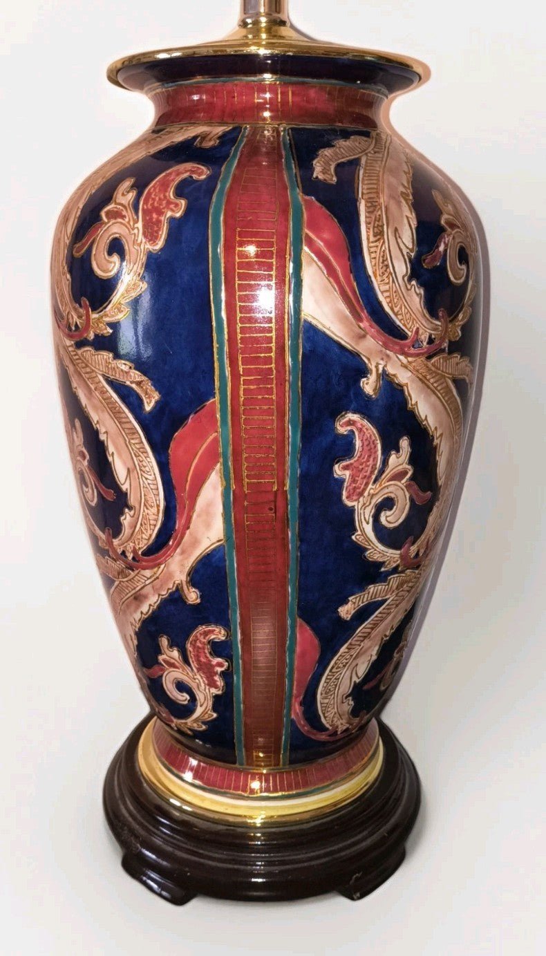 Mid Century Porcelain Table Lamp Paisley Swirls Gold Trim Rosewood Base Working - AntiquesEtceteraMid Century Porcelain Table Lamp Paisley Swirls Gold Trim Rosewood Base WorkingUnbrandedAntiquesEtcetera