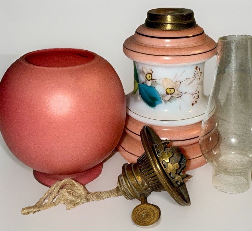 Miniature Antique GWTW Oil Kerosene Lamp Milk Glass Hulsebus Bk 1 149 Floral - AntiquesEtceteraMiniature Antique GWTW Oil Kerosene Lamp Milk Glass Hulsebus Bk 1 149 FloralAntiqueAntiquesEtcetera