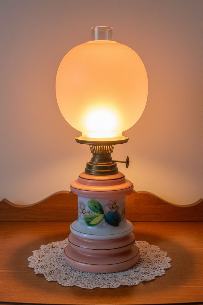 Miniature Antique GWTW Oil Kerosene Lamp Milk Glass Hulsebus Bk 1 149 Floral - AntiquesEtceteraMiniature Antique GWTW Oil Kerosene Lamp Milk Glass Hulsebus Bk 1 149 FloralAntiqueAntiquesEtcetera