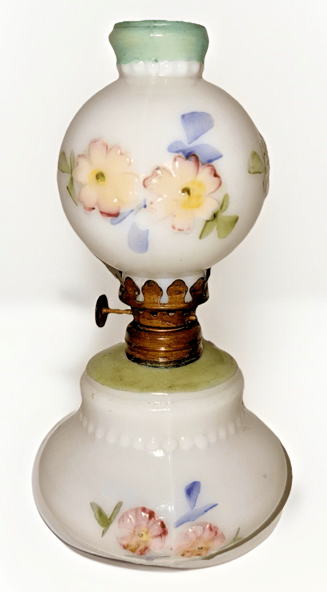 Miniature Antique GWTW Oil Lamp Apple Blossom Smith 1 193 Polychrome Milk Glass - AntiquesEtceteraMiniature Antique GWTW Oil Lamp Apple Blossom Smith 1 193 Polychrome Milk GlassAntiqueAntiquesEtcetera