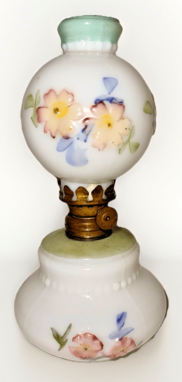 Miniature Antique GWTW Oil Lamp Apple Blossom Smith 1 193 Polychrome Milk Glass - AntiquesEtceteraMiniature Antique GWTW Oil Lamp Apple Blossom Smith 1 193 Polychrome Milk GlassAntiqueAntiquesEtcetera