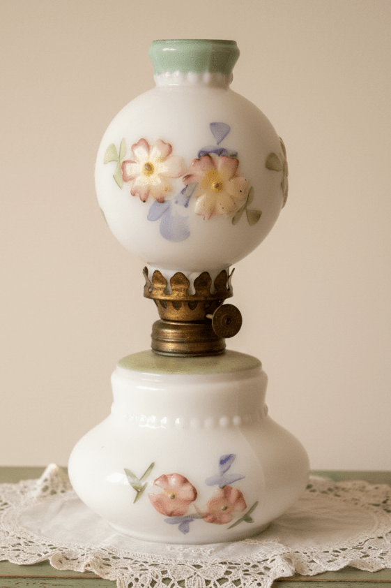 Miniature Antique GWTW Oil Lamp Apple Blossom Smith 1 193 Polychrome Milk Glass - AntiquesEtceteraMiniature Antique GWTW Oil Lamp Apple Blossom Smith 1 193 Polychrome Milk GlassAntiqueAntiquesEtcetera
