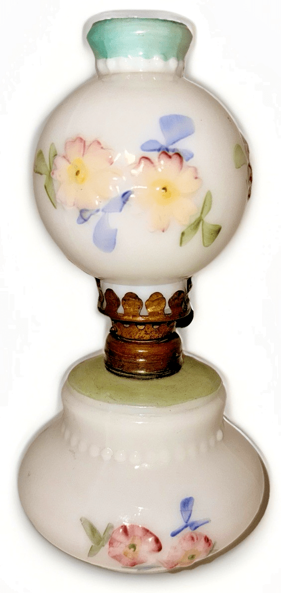 Miniature Antique GWTW Oil Lamp Apple Blossom Smith 1 193 Polychrome Milk Glass - AntiquesEtceteraMiniature Antique GWTW Oil Lamp Apple Blossom Smith 1 193 Polychrome Milk GlassAntiqueAntiquesEtcetera