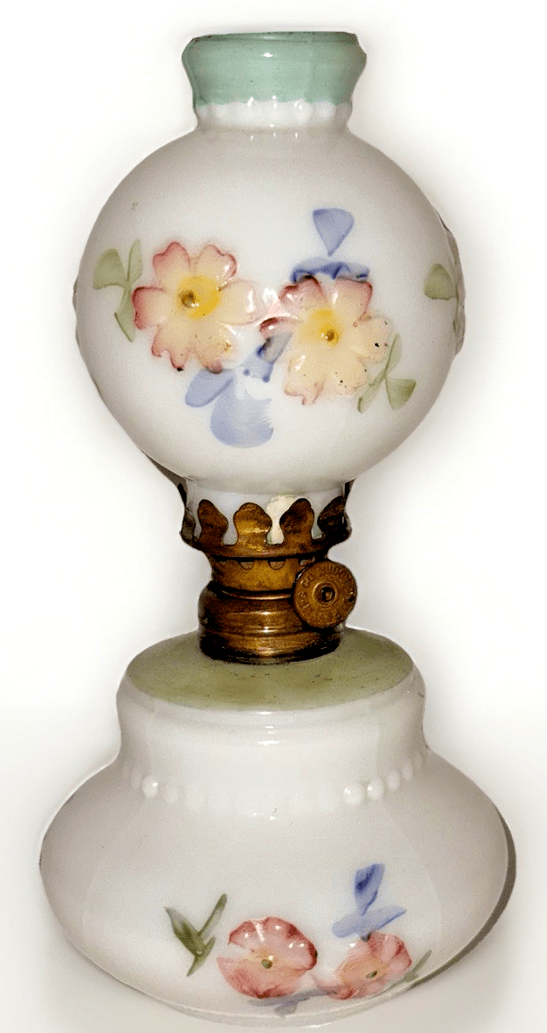 Miniature Antique GWTW Oil Lamp Apple Blossom Smith 1 193 Polychrome Milk Glass - AntiquesEtceteraMiniature Antique GWTW Oil Lamp Apple Blossom Smith 1 193 Polychrome Milk GlassAntiqueAntiquesEtcetera