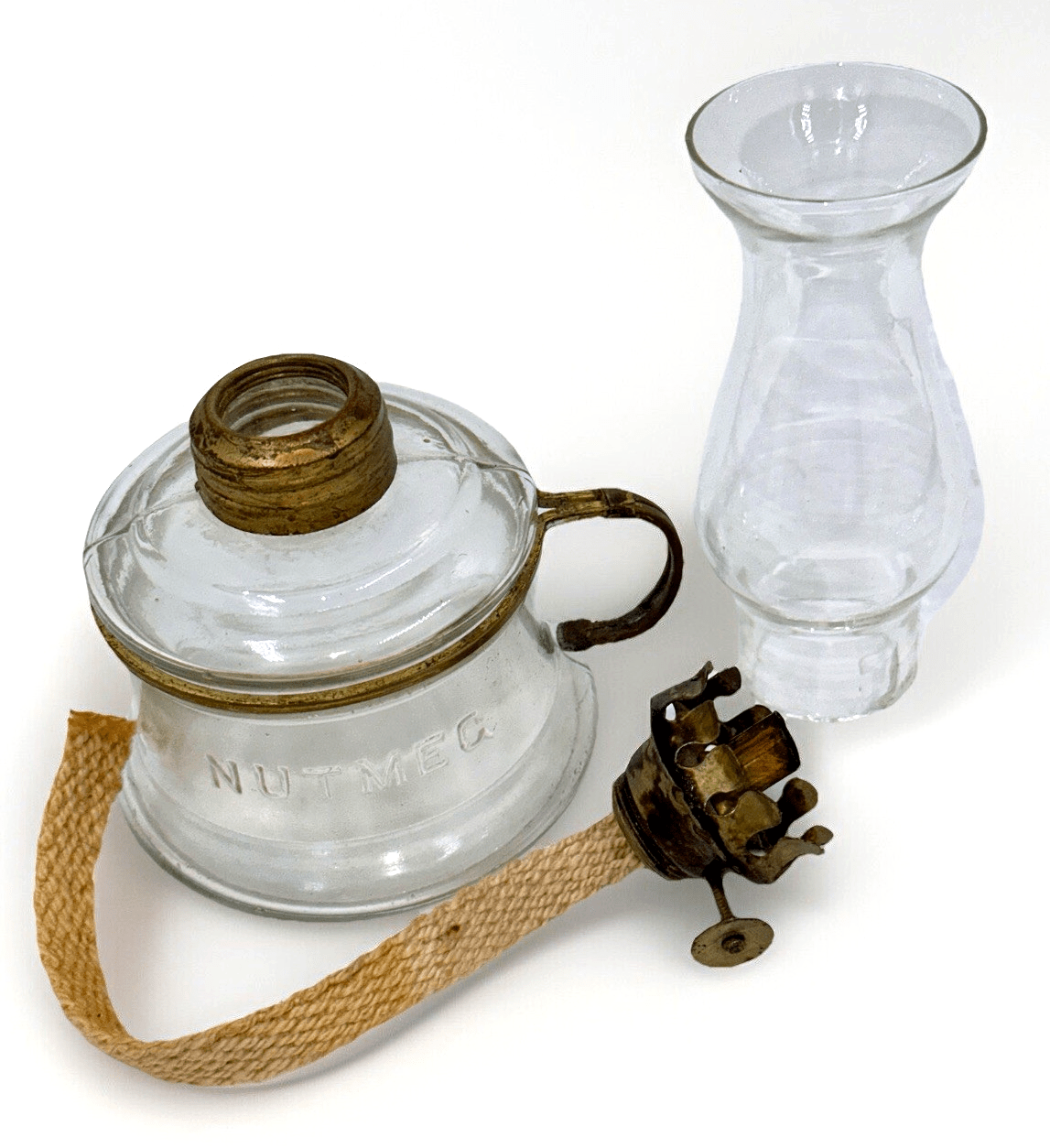 Miniature Antique NUTMEG Oil Kerosene Lamp Brass Finger Holder w/ Burner Chimney - AntiquesEtceteraMiniature Antique NUTMEG Oil Kerosene Lamp Brass Finger Holder w/ Burner ChimneyAntiqueAntiquesEtcetera