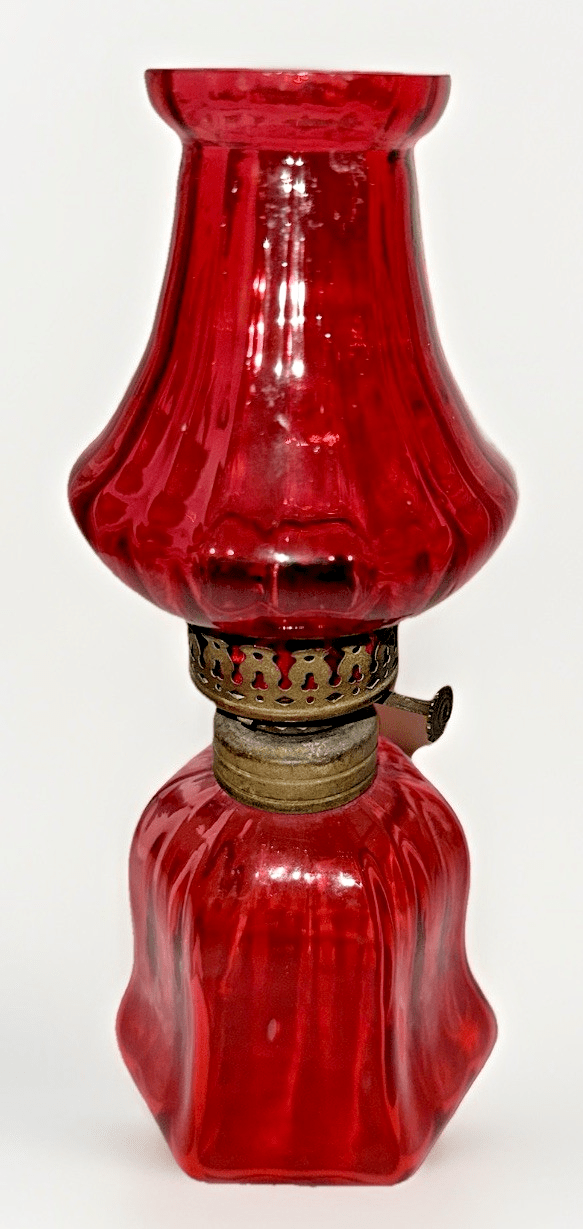 Miniature Antique Oil Kerosene Lamp Cranberry Glass Faintly Ribbed Smith 1 438 - AntiquesEtceteraMiniature Antique Oil Kerosene Lamp Cranberry Glass Faintly Ribbed Smith 1 438AntiqueAntiquesEtcetera