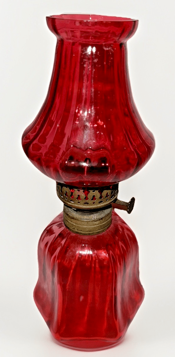 Miniature Antique Oil Kerosene Lamp Cranberry Glass Faintly Ribbed Smith 1 438 - AntiquesEtceteraMiniature Antique Oil Kerosene Lamp Cranberry Glass Faintly Ribbed Smith 1 438AntiqueAntiquesEtcetera