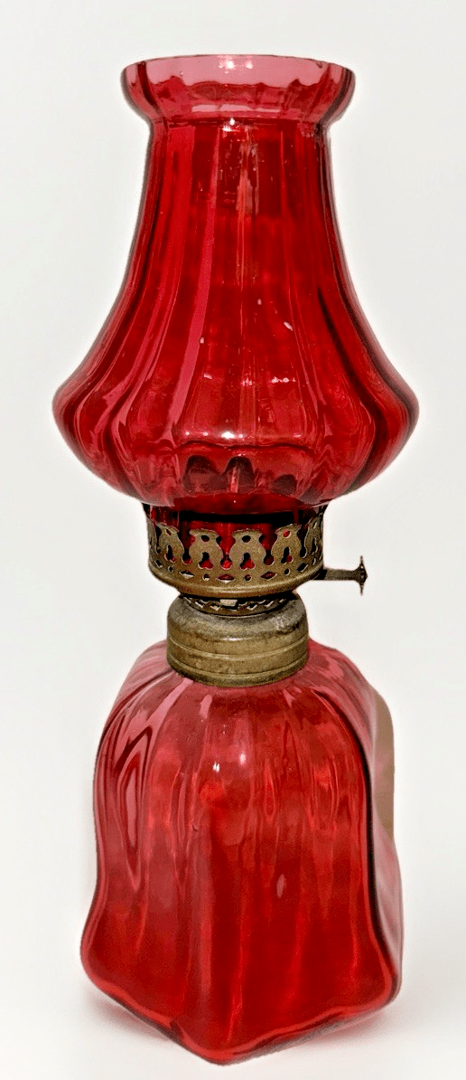Miniature Antique Oil Kerosene Lamp Cranberry Glass Faintly Ribbed Smith 1 438 - AntiquesEtceteraMiniature Antique Oil Kerosene Lamp Cranberry Glass Faintly Ribbed Smith 1 438AntiqueAntiquesEtcetera